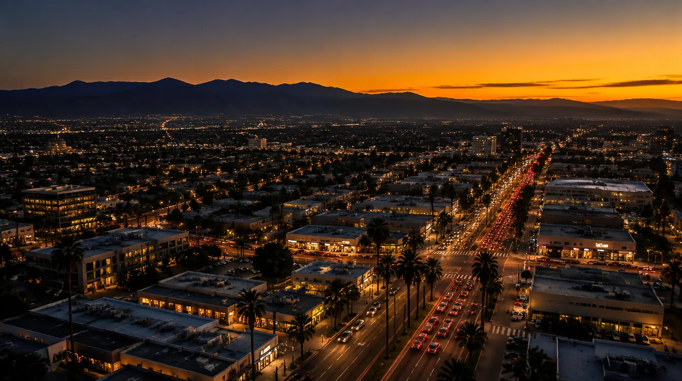 Aerial view of Sherman Oaks and the San Fernando Valley at dusk